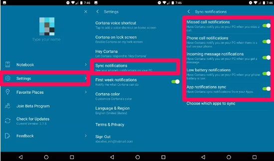 cortana call notifications sync settings on Android