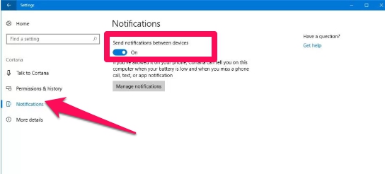 cortana incoming call notification settings windows 10