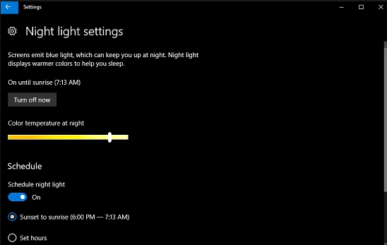 night light feature settings windows 10