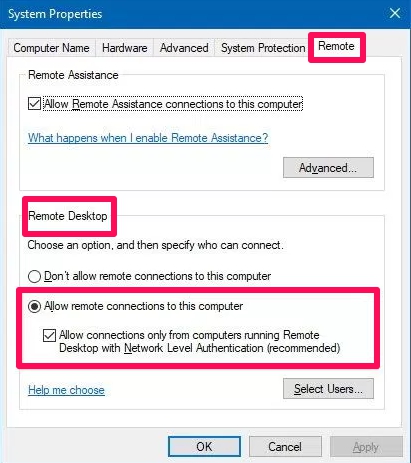 remote settings system properties windows 10