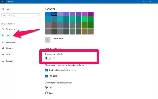 disable fluent effects windows 10 settings
