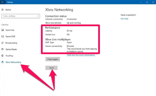 xbox networking settings page windows 10